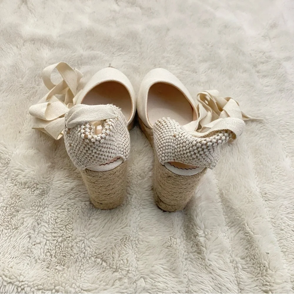 J. Crew Cream Round Toe Canvas Espadrille Wedges Size 9.5 Made in Spain